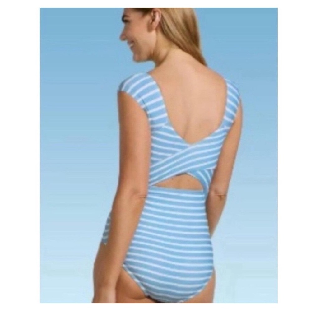 Lands End Blue White Striped Cap Sleeve One Piece Swimsuit XL 18 Cross Back